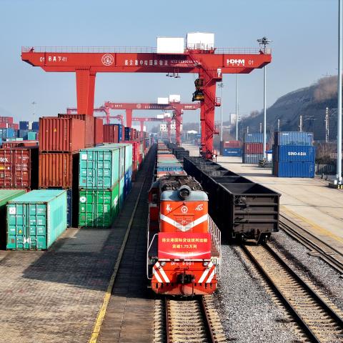 A China-Europe train prepares to depart from the China-Kazakhstan Logistics Cooperation Base in Lianyungang, Jiangsu Province, China, on January 16, 2026. (Getty Images)