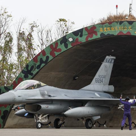 A Taiwan Air Force F-16V taxis out during a spring military exercise at Chiayi Air Base on January 28, 2026. (Getty Images)