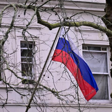 The Russian flag hangs outside the Russian Embassy in London on February 2, 2026, after the UK revoked a Russian diplomat’s accreditation in a tit-for-tat move. (Getty Images)