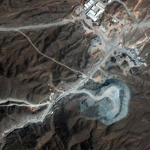 A Vantor satellite image shows tunnel construction activity and road infrastructure near the Natanz nuclear facility in the mountainous area around Pickaxe Mountain on September 18, 2025. (Satellite image (c) 2026 Vantor, via Getty Images)