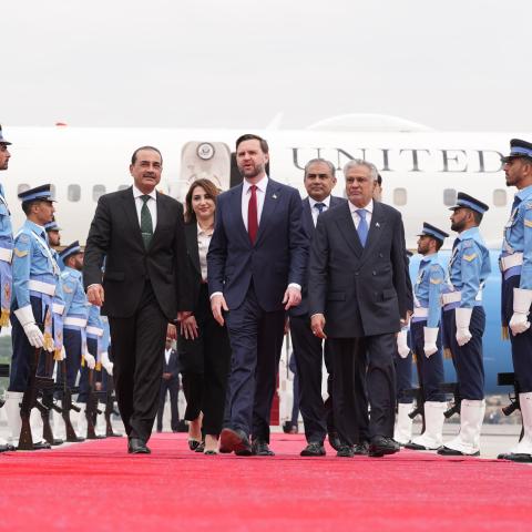 Vice President JD Vance walks with Pakistan's Chief of Defence Forces and Chief of Army Staff Field Marshall Asim Munir, and Pakistani Deputy Prime Minister and Foreign Minister Mohammad Ishaq Dar on April 11, 2026, in Islamabad, Pakistan. (Getty Images)