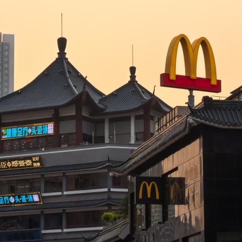 The McDonald’s golden arches logo is seen above a building with traditional Chinese-style architecture at Dongmen Pedestrian Street on April 18, 2026, in Shenzhen, China. (Getty Images)