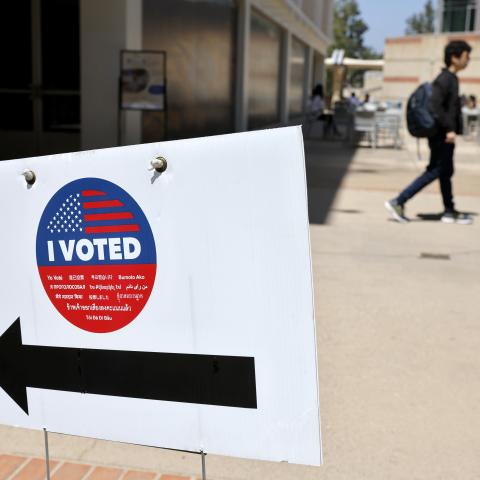 An “I Voted” sign points to a vote center at UCLA’s campus on June 1, 2026, in Los Angeles, California. (Getty Images)