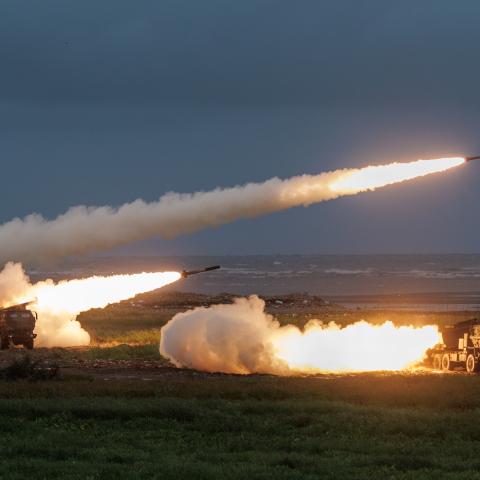  TAIWAN-DFEENCE Taiwanese Army M142 High Mobility Artillery Rocket System (HIMARS) vehicles launch projectiles during a live-fire training exercise in Taichung on June 10, 2026. (Photo by CHENG Yu-chen / AFP via Getty Images)