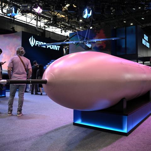 This photograph shows an FP-5 Flamingo cruise missile and a drone FP-1 from Ukrainian defence technology company Fire Point on display at Eurosatory, a land and airland defence and security trade fair, in Villepinte on the outskirts of Paris, on June 16, 2026. (Photo by JULIEN DE ROSA / AFP via Getty Images)