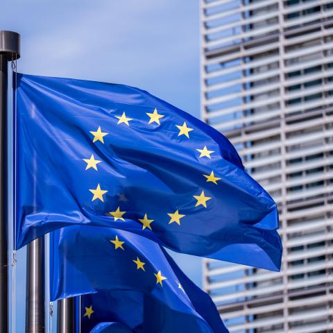EU flags fly at the entrance to the European Commission ahead of the European Union summit on June 18, 2026. (Getty Images)