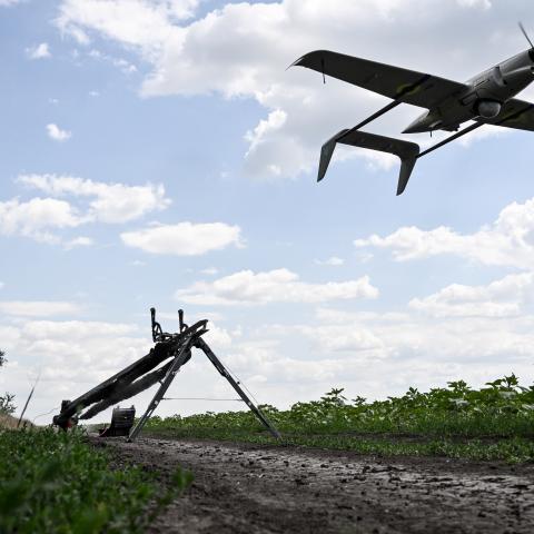A technician launches a Ukrainian Raybird (ACS-3) UAV from a catapult during an aerial reconnaissance mission in the Oleksandrivka sector in Dnipropetrovsk Oblast, Ukraine, on June 22, 2026. (Getty Images)