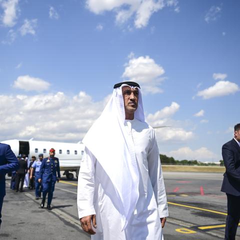UAE Minister of State for Defense Affairs Mohamed Bin Mubarak Fadhel Al Mazrouei arrives at Esenboga Airport ahead of the 36th NATO summit in Ankara, Türkiye, on July 7, 2026. (Getty Images)