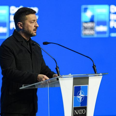 Ukrainian President Volodymyr Zelensky delivers a speech during the Defense Industry Forum held as part of the 36th NATO Summit in Ankara, Turkiye, on July 7, 2026. (Getty Images)
