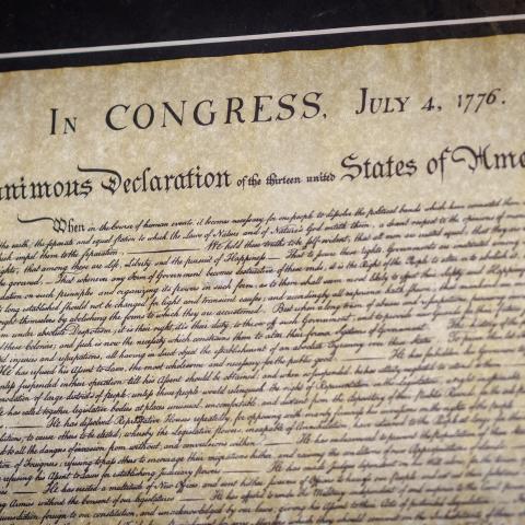 A copy of the Declaration of Independence at the former home of Thomas Paine, on July 4, 2026, in Lewes, England. (Getty Images)