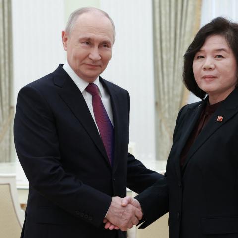 Russia’s President Vladimir Putin shakes hands with North Korea’s Foreign Minister Choe Son-hui during a meeting in Moscow on July 19, 2026. (Getty Images)