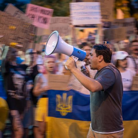 People attend a rally to protest the dismissal of defense minister of Ukraine Mykhailo Fedorov in Kyiv, Ukraine, on July 20, 2026. (Getty Images)