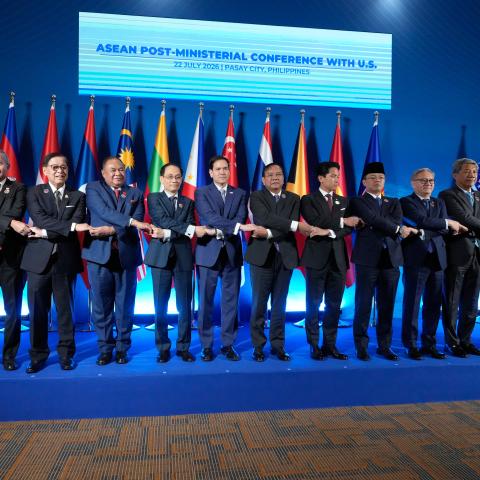 Secretary of State Marco Rubio poses for a group photo with ASEAN foreign ministers on July 22, 2026, in Manila, Philippines. (Getty Images)