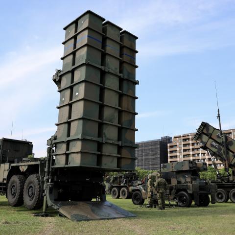 Multi-layered air defense consisting of a Japanese-developed surface-to-air missile system Chu-SAM and Kin-SAM alongside a US MIM-104 Patriot are seen during Orient Shield 22 at Camp Fukuoka in Japan on August 29, 2022. (US Army)