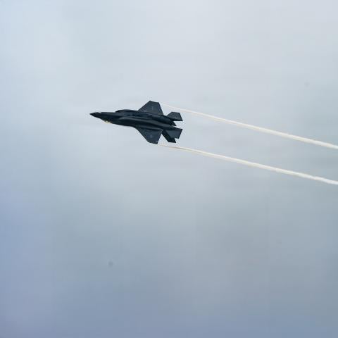 A U.S. Marine Corps F-35B Lightning II aircraft assigned to Marine Fighter Attack Squadron (VMFA) 533 flies overhead at Keesler Air Force Base, Mississippi, July 11, 2026. Three Aircraft briefly stopped at Keesler to refuel before returning to Marine Corps Air Station Beaufort, South Carolina after a cross country training mission practicing mid-air refueling, air combat and flying in unfamiliar conditions. (U.S. Air Force photo by Senior Airman Kaleb Tewes)