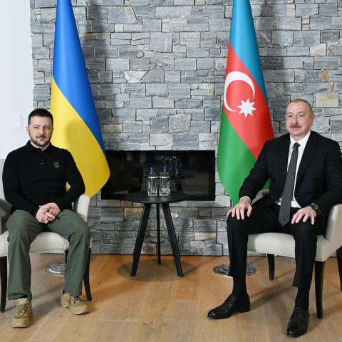 Azerbaijan’s President Ilham Aliyev and Ukraine’s President Volodymyr Zelenskyy meet in Davos, Switzerland, on January 22, 2025. (Getty Images)