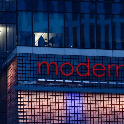Moderna logo is seen in Warsaw, Poland, on April 9, 2025. (Getty Images)