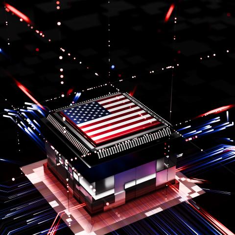 A conceptual close-up of a circuit board scene with the American flag. (Getty Images)