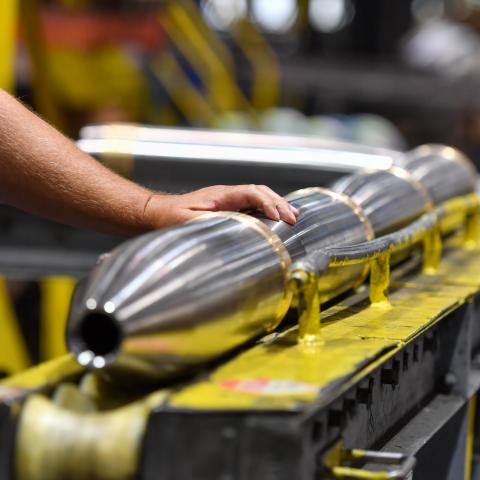 Mortar shells move along a conveyor at General Dynamics in Scranton, Pennsylvania, on August 20, 2026. (Getty Images)