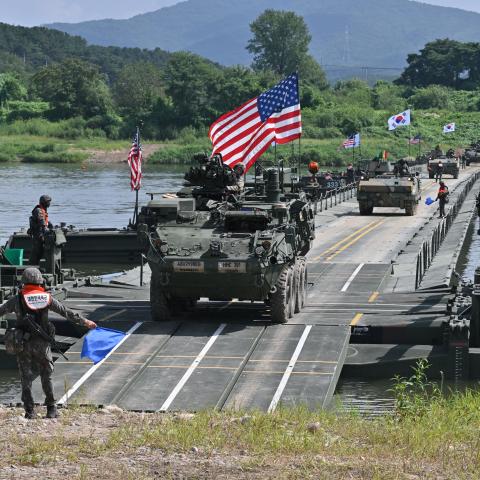 A US infantry carrier vehicle crosses a river during a South Korea–US joint military exercise in Yeoju, South Korea, on August 27, 2025. (Getty Images)