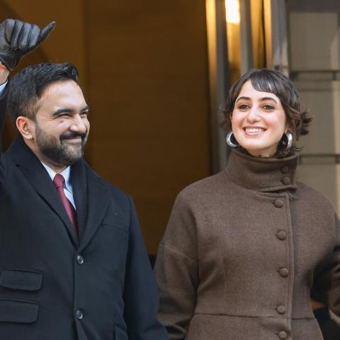 New York Mayor Zohran Mamdani and his wife, Rama Duwaji, at City Hall in New York City on January 1, 2026. (Getty Images)