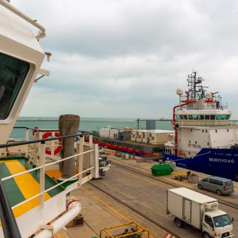 A source vessel at the Baku shipyard in Baku, Azerbaijan, on February 10, 2026. (Getty Images)