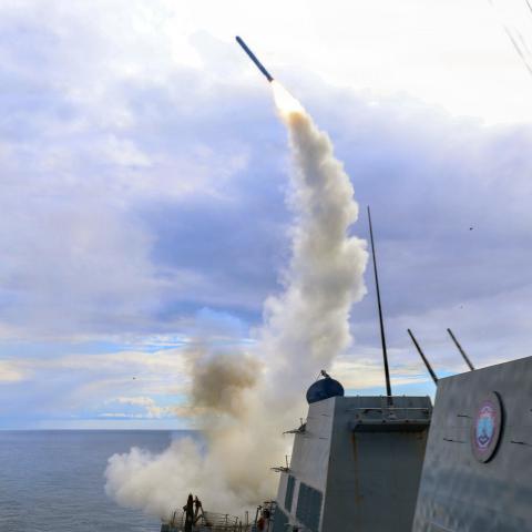 Arleigh Burke-class guided-missile destroyer USS Thomas Hudner fires a Tomahawk land-attack missile on March 1, 2026, at sea. (Getty Images)