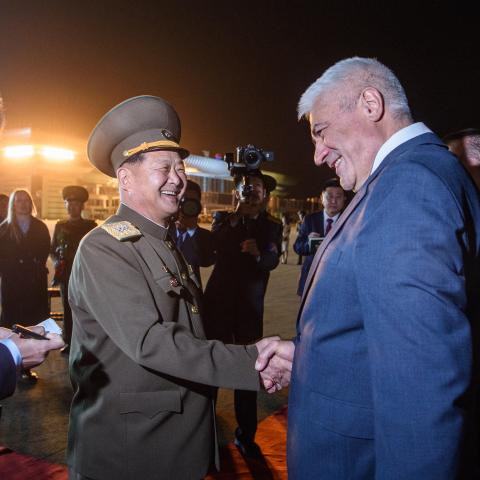 Russian Minister of Internal Affairs Vladimir Kolokoltsev is greeted by North Korean Minister of Public Security Pang Tu-sop at Pyongyang International Airport in North Korea on April 20, 2026. (Getty Images)