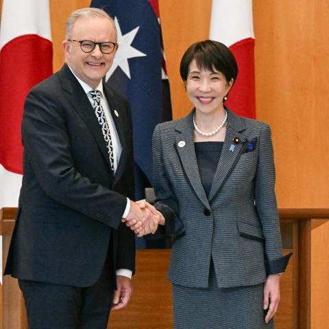 Australia’s Prime Minister Anthony Albanese shakes hands with Japan’s Prime Minister Sanae Takaichi at Parliament House in Canberra, Australia, on May 4, 2026. (Getty Images)