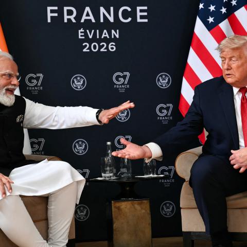 President Donald Trump prepares to shake hands with India’s Prime Minister Narendra Modi during a bilateral meeting as part of the G7 summit, in Evian, eastern France, on June 17, 2026. (Getty Images)