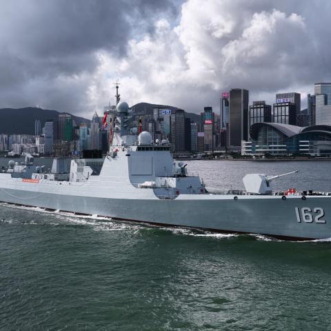 A drone photo shows the People’s Liberation Army Navy guided-missile destroyer Nanning sailing into Victoria Harbor in Hong Kong on July 2, 2026. (Getty Images)