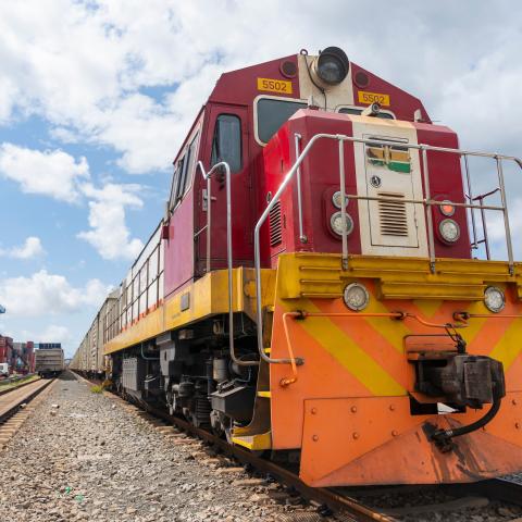 A freight train is seen at Port Reitz Station along the Mombasa–Nairobi Standard Gauge Railway in Mombasa, Kenya, on July 9, 2026. The railway was a part of the Belt and Road Initiative. (Getty Images)