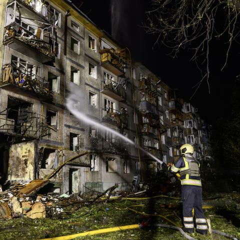 Emergency responders work at the site of a Russian ballistic missile strike on a residential building in Kyiv, Ukraine, on August 1, 2026. (Getty Images)