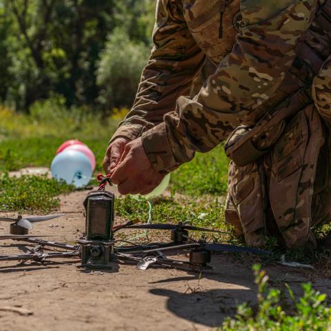 Members of the Khartiia Brigade demonstrate training against FPV drones in Kharkiv Oblast, Ukraine, on August 17, 2026. (Getty Images)