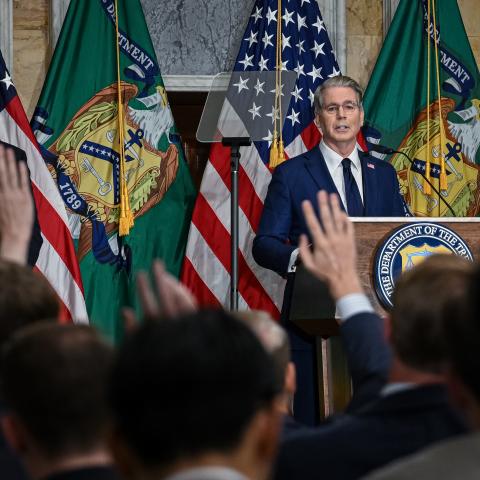 US Treasury Secretary Scott Bessent takes questions during a press conference at the Treasury Department in Washington, DC, on August 24, 2026. (Getty Images)