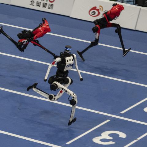 Robots race at the National Speed Skating Oval on August 25, 2026, in Beijing, China. (Getty Images)