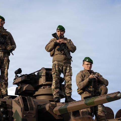 French soldiers with the French Foreign Legion sit on top of a Leclerc tank during NATO Secretary General Mark Rutte’s visit to NATO allies in Setermoen, Norway, March 18, 2026. The visit highlighted the strength of NATO’s joint force, demonstrating operational capabilities in an Arctic environment during Cold Response 26. A key component of NATO's enhanced vigilance activity Arctic Sentry, exercise Cold Response 26 is a Norwegian-led winter military exercise designed to enhance collective defense capabilit