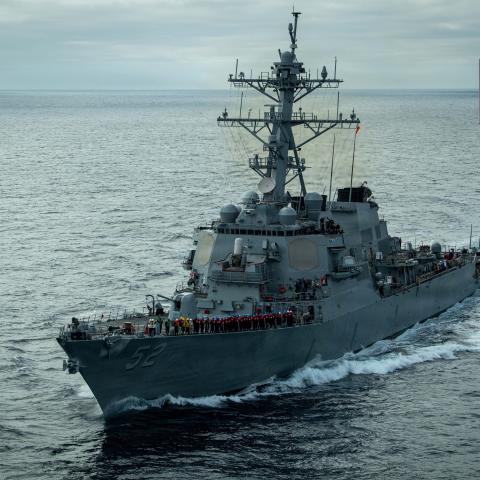 Arleigh Burke-class guided-missile destroyer USS Barry (DDG 52) prepares to conduct an underway replenishment with Nimitz-class aircraft carrier USS Carl Vinson (CVN 70), Aug. 16, 2026. Carl Vinson, the flagship of Carrier Strike Group 1, is currently underway conducting routine operations in the U.S. 3rd Fleet area of operations. (U.S. Navy photo by Mass Communication Specialist 2nd Class Kenneth Ostas)