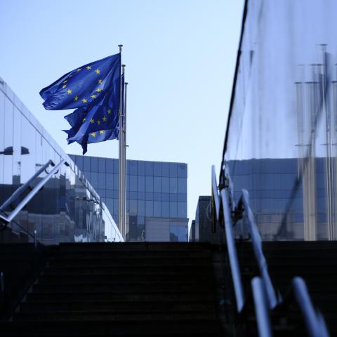 EU flags fly in front of the Berlaymont, the EU Commission headquarter, on February 17, 2025, in Brussels, Belgium. (Getty Images)