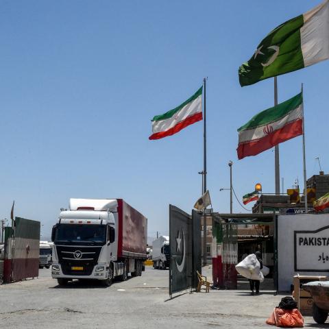 Iranian cargo trucks cross into the Pakistan-Iran border at Taftan, Balochistan, on June 18, 2025. (Getty Images)