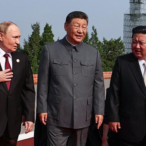 Russia’s President Vladimir Putin walks with China’s President Xi Jinping and North Korea’s leader Kim Jong Un before a military parade in Beijing’s Tiananmen Square on September 3, 2025. (Getty Images)