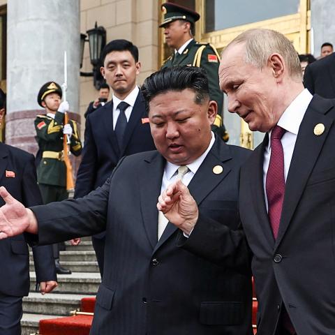Russia’s President Vladimir Putin and North Korea’s leader Kim Jong Un leave after a meeting in Beijing on September 3, 2025. (Getty Images)