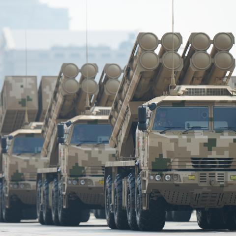 Military vehicles transport rocket launchers past Tian'anmen Square on September 3, 2025 in Beijing, China. (Getty Images)