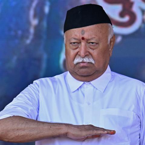 Mohan Bhagwat attends the centenary celebrations of Rashtriya Swayamsevak Sangh at Reshimbagh Ground in Nagpur on October 2, 2025. (Getty Images)