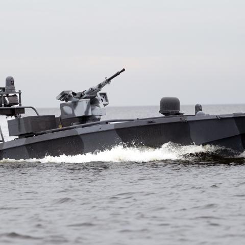 The Security Service of Ukraine presents the next-generation multipurpose Sea Baby unmanned surface vehicle to the media in Ukraine on October 17, 2025. (Getty Images)