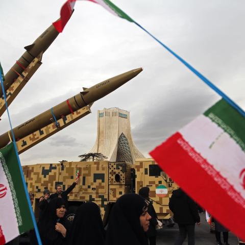 Missiles produced by Iran’s armed forces are displayed during celebrations at Azadi Square in Tehran, Iran, on February 11, 2026. (Getty Images)