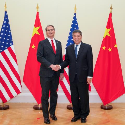 Chinese Vice Premier He Lifeng shakes hands with United States Treasury Secretary Scott Bessent prior to their talks in Paris, France, March 15, 2026. (Getty Images)