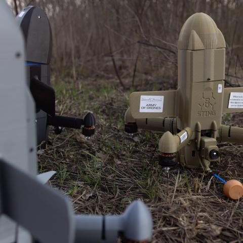 KHARKIV, UKRAINE - MARCH 31: The Ukrainian-made "Sting" and 'Salut' interceptor drone, as well as a new Ukrainian-made interceptor drone whose name has not yet been announced are seen on March 31, 2026 in Kharkiv, Ukraine. After years of developing systems and know-how to fend off Russia's drone attacks, Ukraine is now offering its hard-won expertise and counter-drone technology to other countries. In recent weeks, Ukrainian President Volodymyr Zelensky has been visiting Gulf states who are confronting a wa