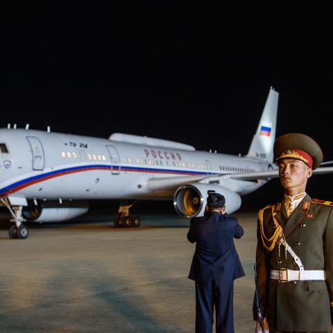 A plane carrying Russia’s Minister of Internal Affairs Vladimir Kolokoltsev and an accompanying delegation arrives at Pyongyang International Airport on April 20, 2026. (Getty Images)