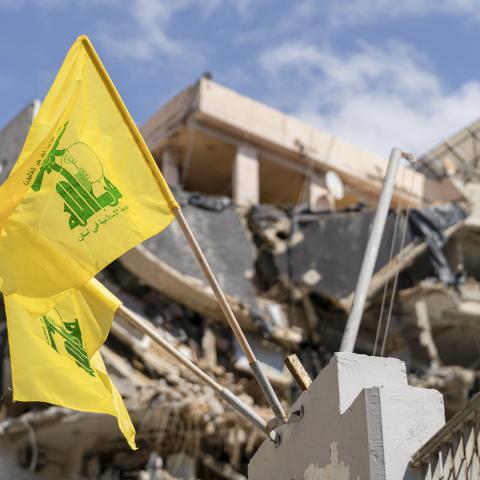 Hizballah flags flutter near damaged buildings in Beirut's southern suburb of Dahieh, Lebanon, on May 6, 2026. (Getty Images)